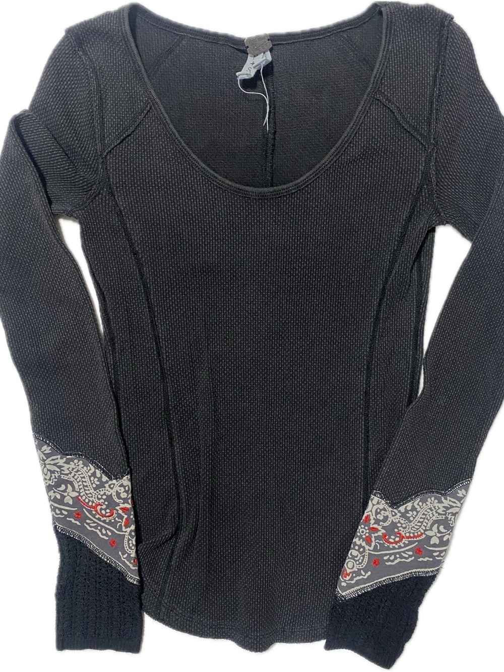 We The Free Black Long Sleeve Thermal Tee with Printed Cuff Detail